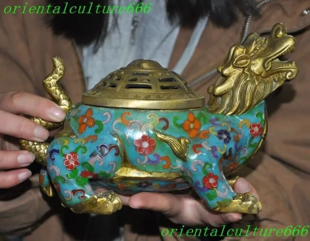 9.2"China bronze cloisonne animal Dragon turtle Incense burner Censer statue
