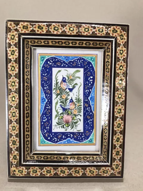 Miniature Hand Painted Birds Persian Ornate Khatam Inlaid Mosaic Frame