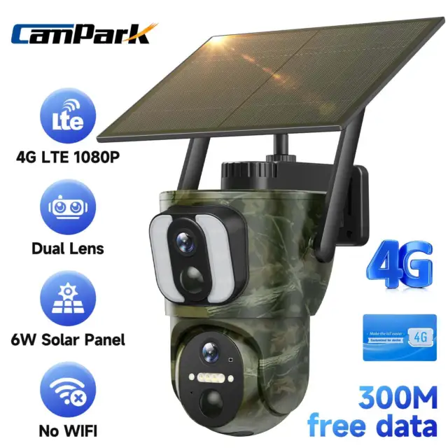 Solar Power 4G LTE Cellular Trail Camera Dual lens PIR Wildlife 360° PTZ No WiFi