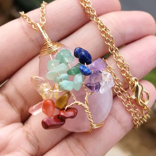 Rose Quartz Stone Tree Of Life WaterDrop Necklace Chakra Reiki Healing Amulet