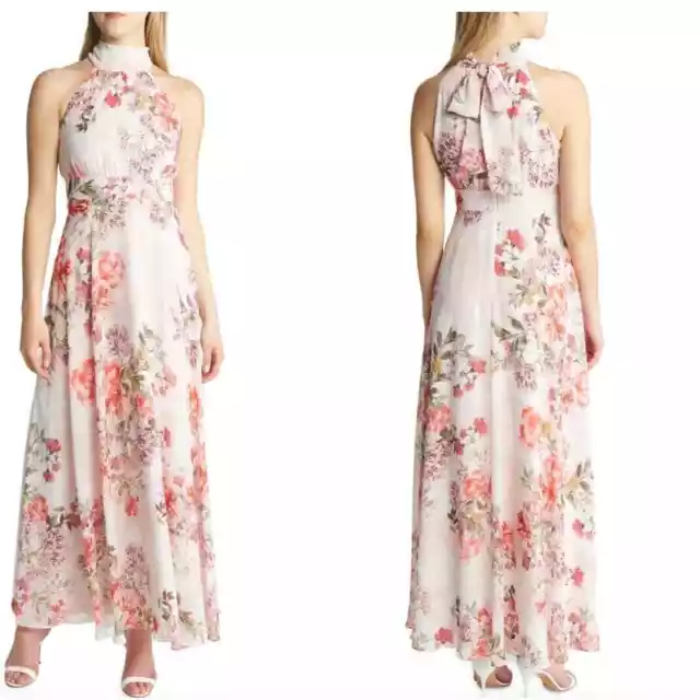 Eliza J  Maxi Dress Womens 12 Pink Floral Tie Neck Halter Mock Neck Sleeveless