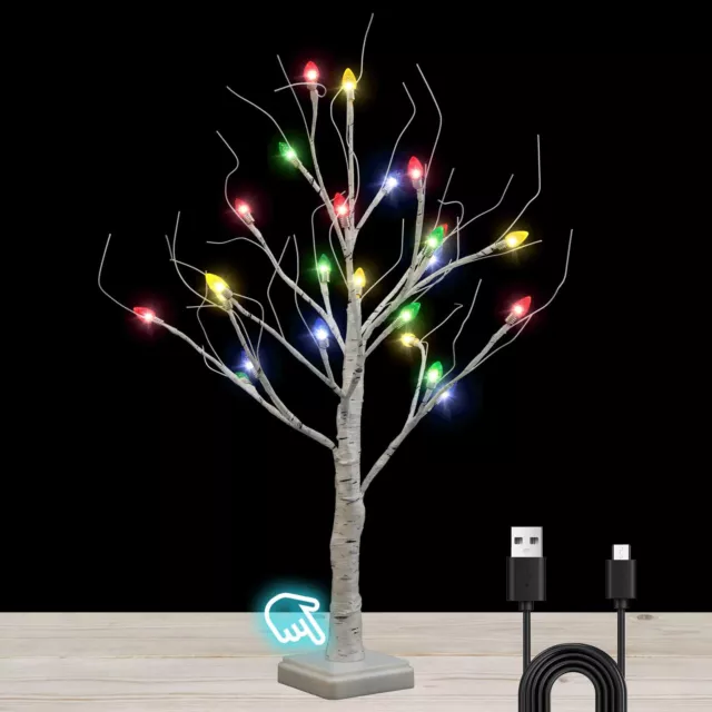 2Ft Tabletop Birch Christmas Tree, 24 LED 4 Colored Christmas Lights Lighted ...