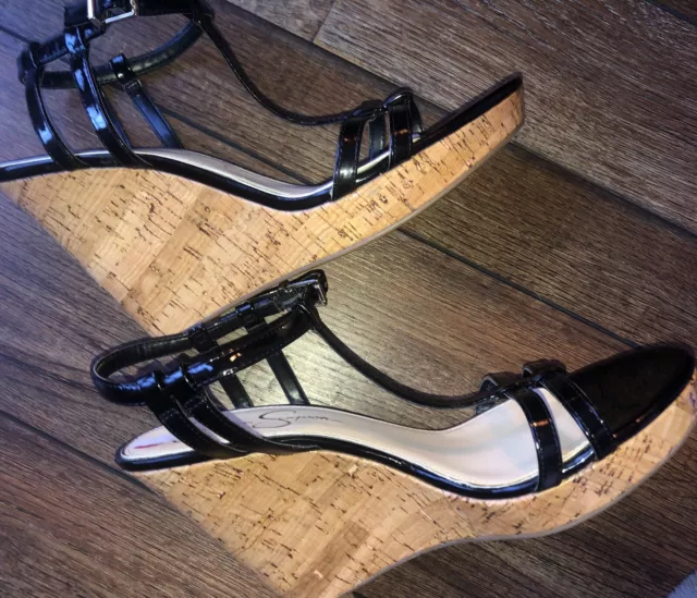 JESSICA SIMPSON Womens Black Platform Wedge Strappy Sandal Patent 9.5 BRAND NEW