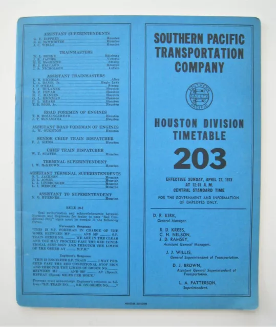 Vintage 1975 Southern Pacific Railroad SP Houston Division Timetable No. 203 TX
