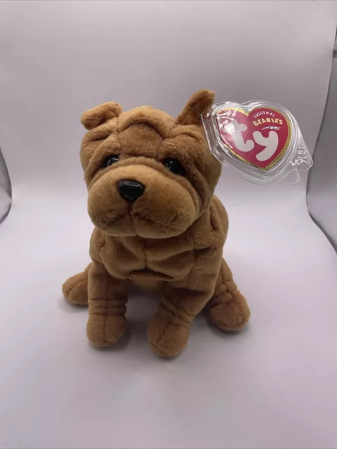 TY Beanies Babies Crinkles -Sitting Shar Pei Dog Beanie Tag In Plastic Protector