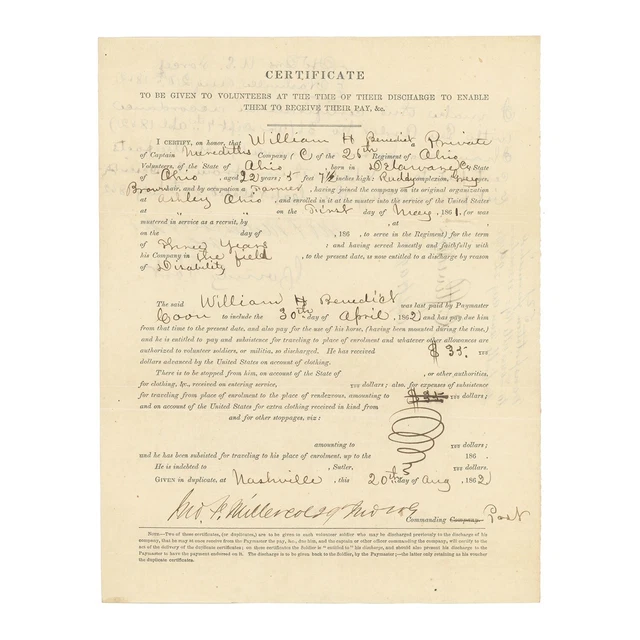 1862 Civil War Discharge — Pvt Wm Benedict, 26th Ohio — Sgd by 29th Ind Colonel 1862 Civil War Discharge — Pvt Wm Benedict, 26th Ohio — Sgd by 29th Ind Colonel