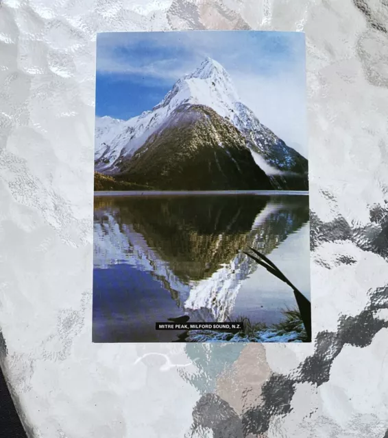 NEW Tiki Card Postcard Mitre Peak Milford Sound New Zealand Snow Capped Mountain