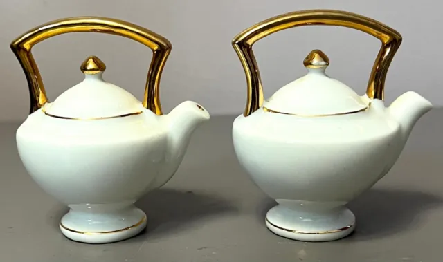 Occupied Japan Miniature White Porcelain with Gold Trim Teapot Salt & Pepper