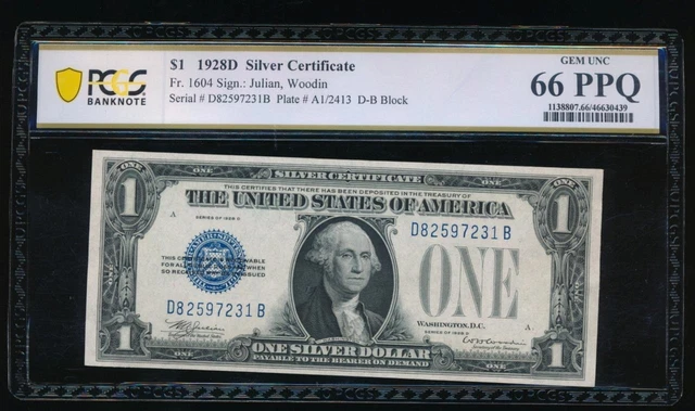 AC 1928D $1 Silver Certificate PCGS 66 PPQ D-B block Fr 1604