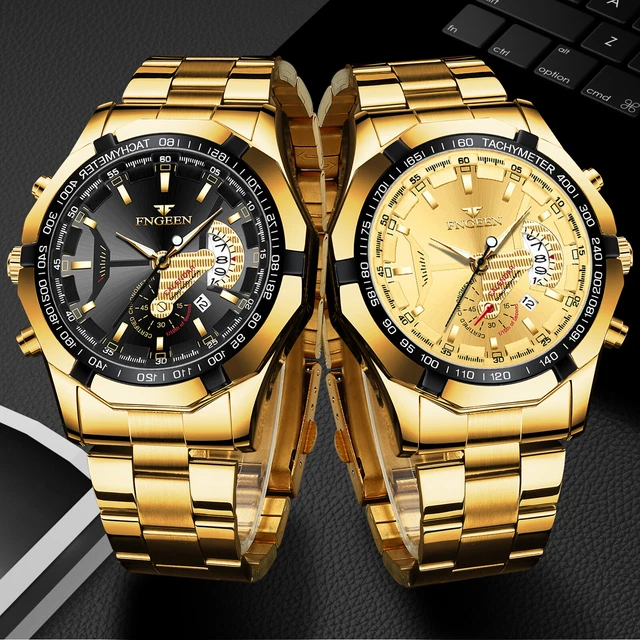 FNGEEN WATERPROOF GOLD Men Watch Classic Stainless Steel Quartz Analog