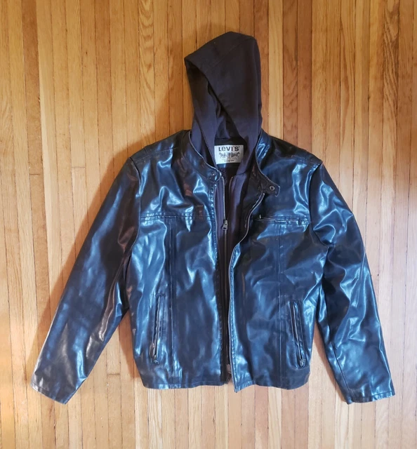 Levi's Faux Leather Lined Motorcycle Jacket Men's Size XL Hooded Full Zip Brown