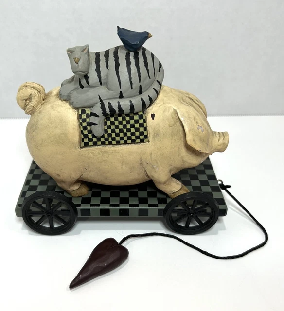 Williraye Studio Pig Quilt Cat Bird Figurine Cart Heart Pull Wagon WW1428