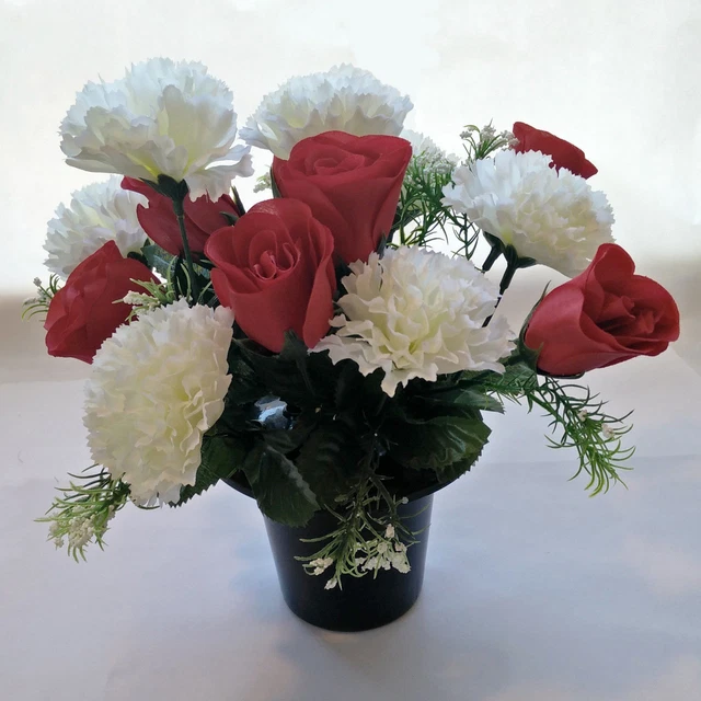 14 Head artificial silk flowers rose bud and Carnation crem/cemetery grave pot