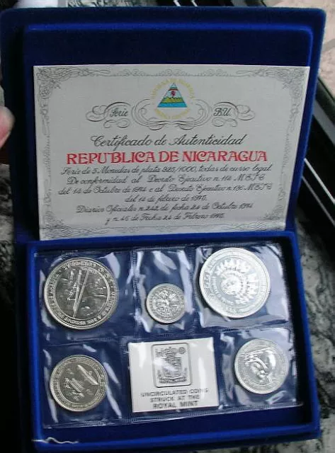 Nicaragua 1975 Mint Set of 5 Silver Coins,BU,With Box and COA