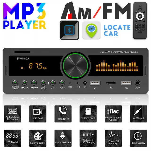 Car Radio Stereo 1Din Bluetooth AM FM Audio Head MP3/USB/AUX In-Dash Unit Player