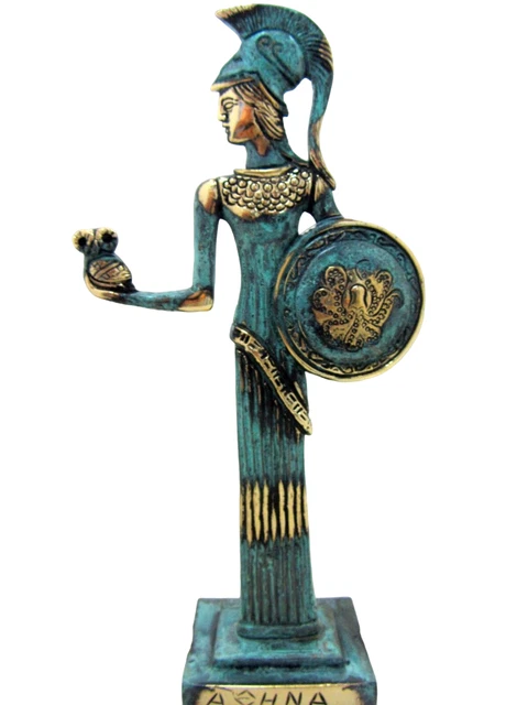Ancient Greek Bronze Museum Statue Replica Athena Wth Shield & Owl Collectable