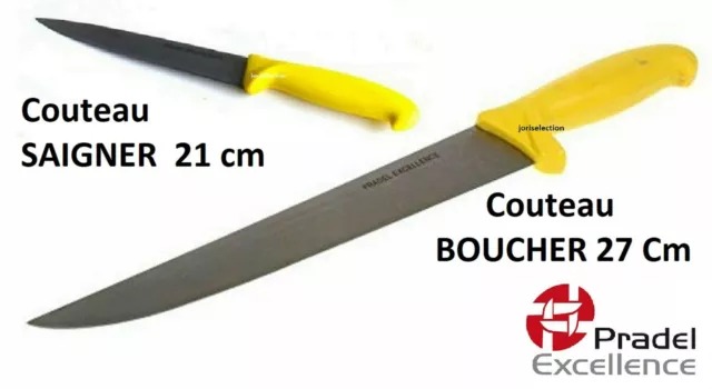 Lot de 2 COUTEAU PRADEL MANCHE JAUNE A SAIGNER LAME 21 CM + BOUCHER LAME 27 CM