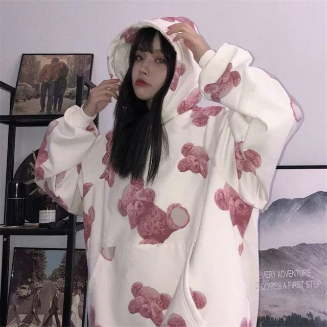 Harajuku Bear Printed Hooded Hoodie Loose Long Sleeve Ulzzang Hoodie Streetwear