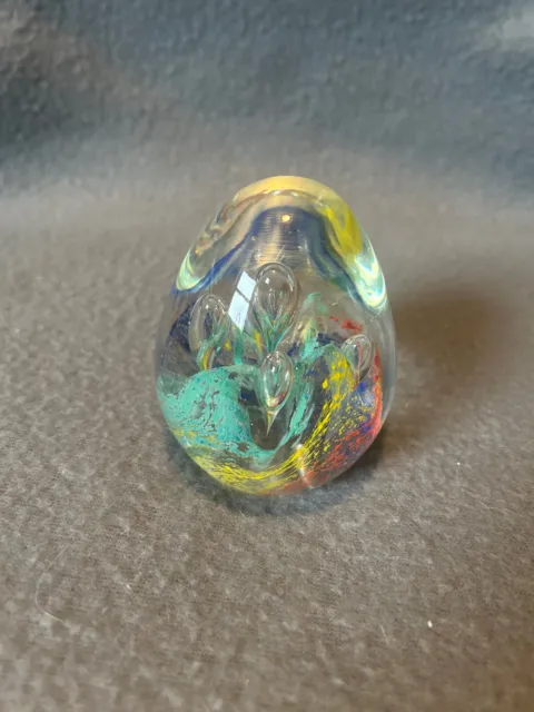 Vintage glass paperweight pastel bubbles blue yellow orange egg shape unsigned