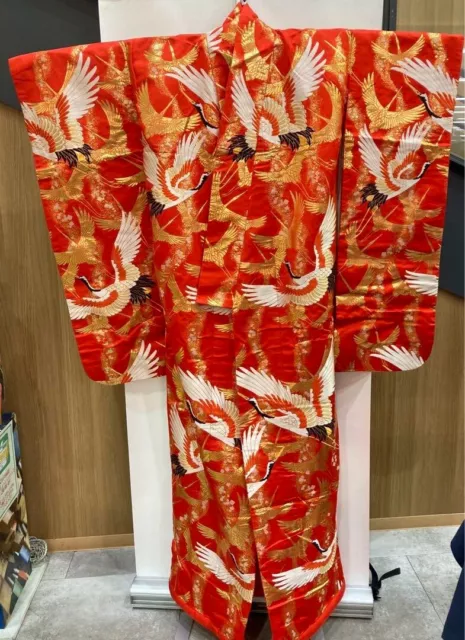 Japanese Kimono Robe Uchikake Dress Flying Crane  Jacket Cosplay Silk