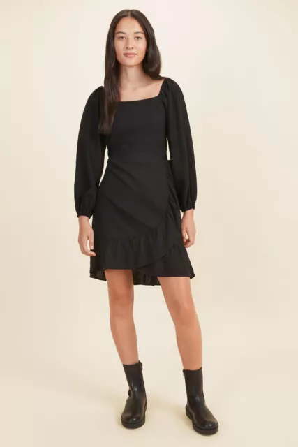 Seed Teen Girls Black Long Sleeve  Linen Blend Dress Size 14 Bnwt $69.95