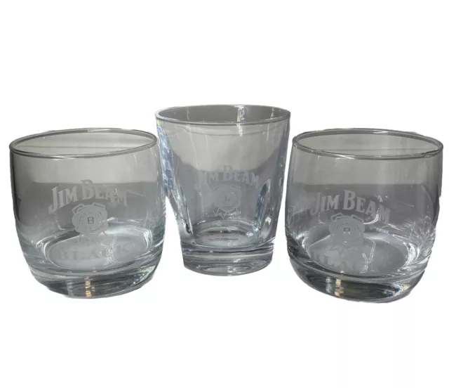 3 Jim Beam Low Ball Whiskey Glass Etched Bourbon Cocktail Barware, Three Set New