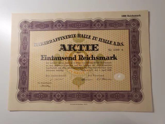 Zuckerraffinerie Halle zu Halle a.d.S. - 1928 - Aktie 1.000 Reichsmark -
