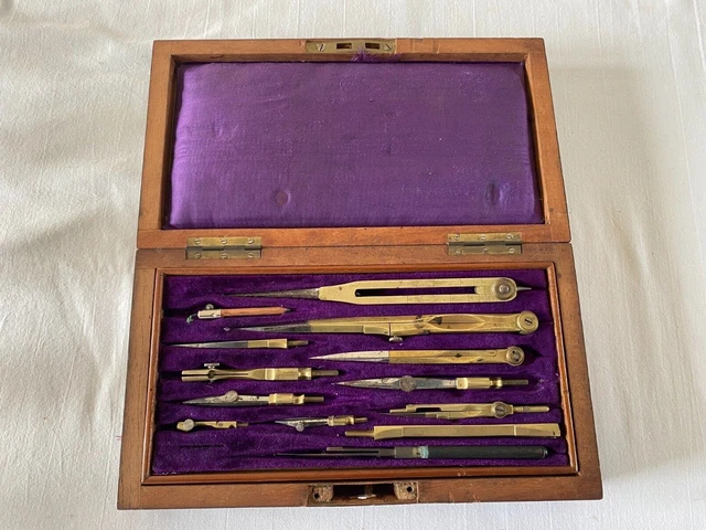 Antique Brass, Steel, Draughtsman Tools Technical Drawing Compass Wooden box set