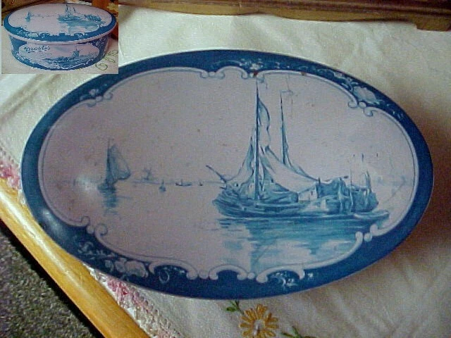 Antique Vintage Droste Haarlem Holland Blue White Biscuit Candy Tin Box Windmill