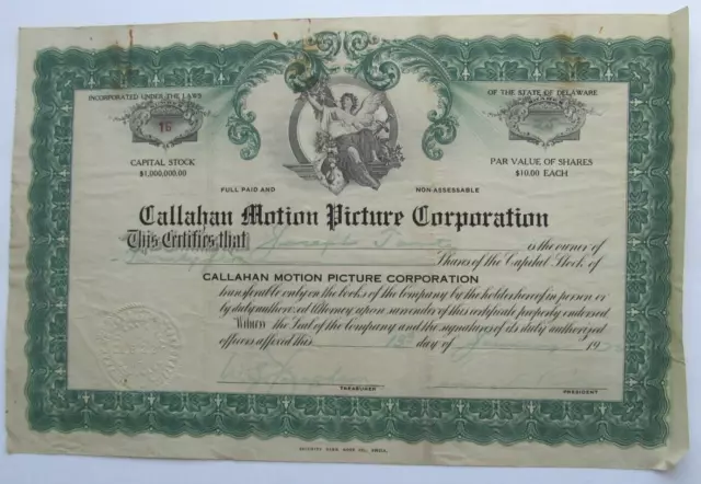 Vintage Stock Certificate: Callahan Motion Picture Corp. (1922)