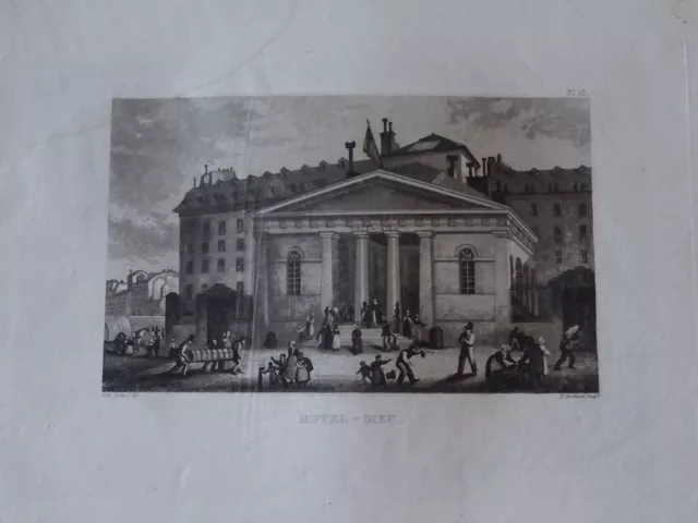 BELLE Gravure ANIMEE VUE PARIS HOTEL DIEU HOPITAL ILE DE LA CITE SEINE 1820