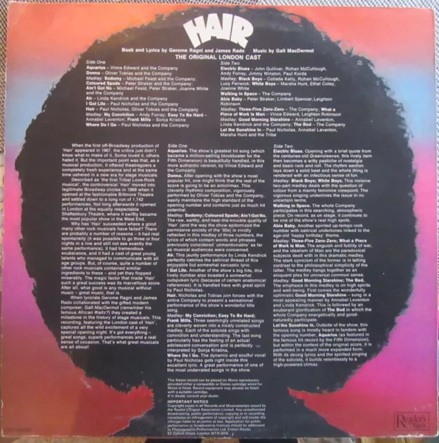 HAIR LP Original London Cast Readers Digest RDS 9039-1976 VG++ 2