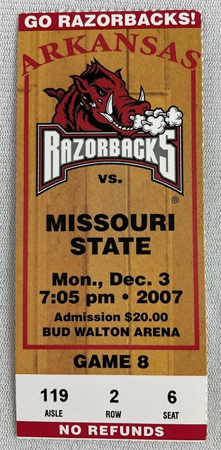 2007 12/03 Missouri State at Arkansas Basketball Ticket-Sonny Weems