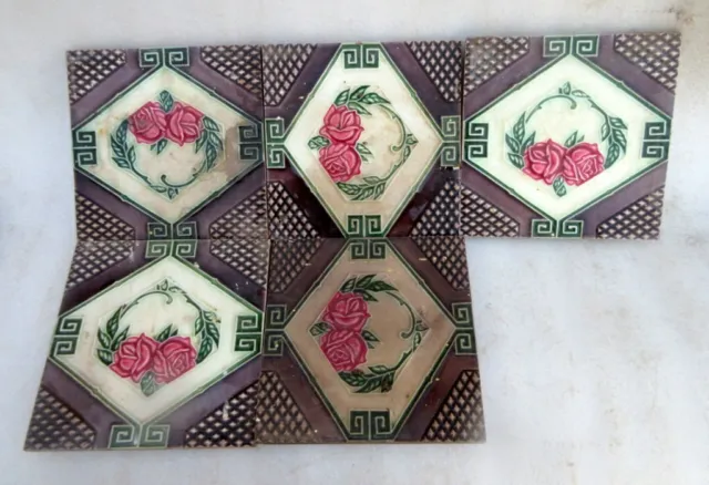 Vintage Old Rare Floral Design 5 Pc Japaneses Porcelain Ceramic Wall Tile