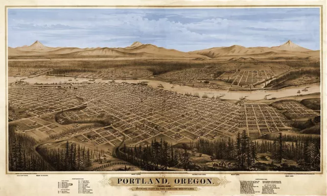 HUGE City Map of PORTLAND Oregon - Birds Eye View in 1879 - 24" x 40"