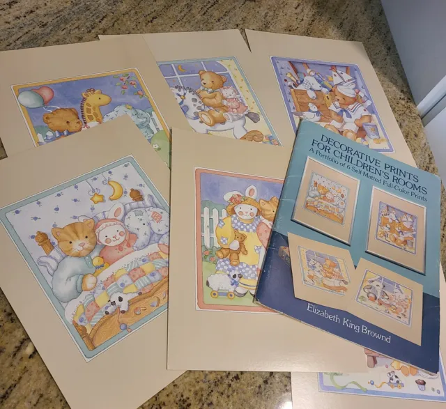 Elizabeth King Brownd Decorative Prints Children's Room Set of 6. Cat Bear Bunny
