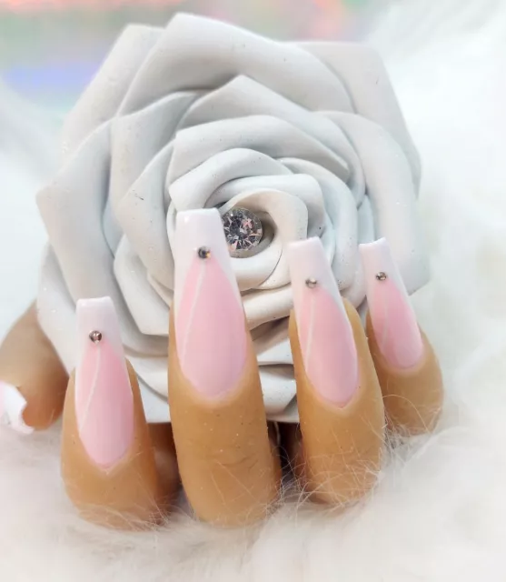 * Hand Painted * False Press On Nails - Custom Fit - Pink & White French