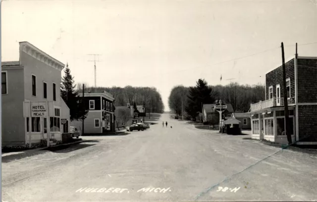 Vintage Michigan MI RPPC Postcard Street View Hulbert Gas Station Hotel Cars