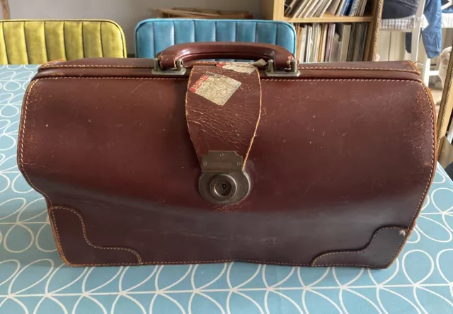 Vintage Brown Leather Briefcase Document Bag Satchel. Retro Luggage.