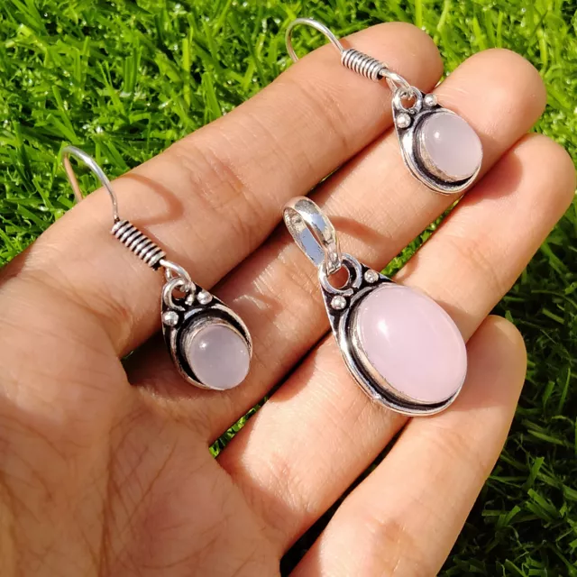 Rose Quartz Gemstone 925 Sterling Silver Plated Lot  Pendant With Earrings Set
