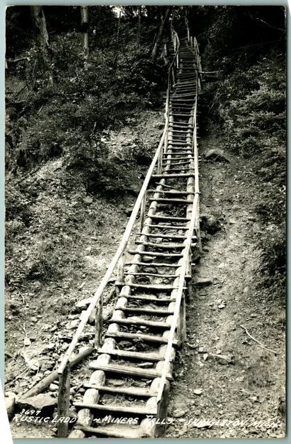 RPPC Rustic Ladder Miners Falls Shingleton Michigan MI LL Cook Postcard G1
