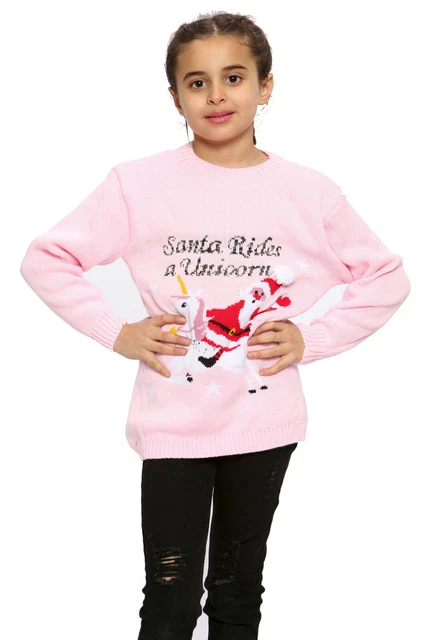Kids Girls Childrens Xmas Santa Rides A Unicorn Christmas Jumper Sweater 5-13