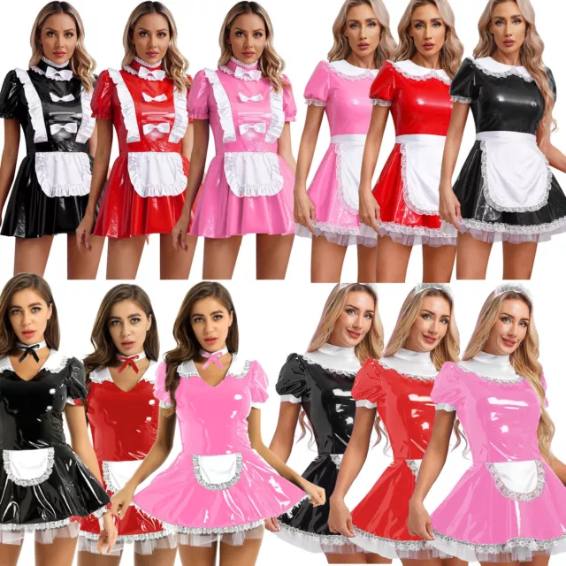 DE Damen Sexy Lack Leder Puffärmel Minikleid Glitzer Sissy Maid Cosplay Uniform