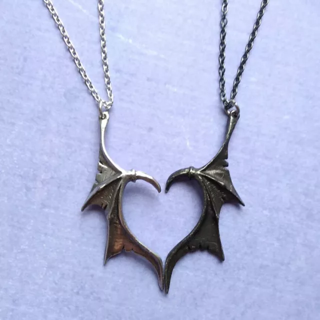 Alchemy Gothic Darkling Heart Dragon Wings Couple's Friendship Necklace Set