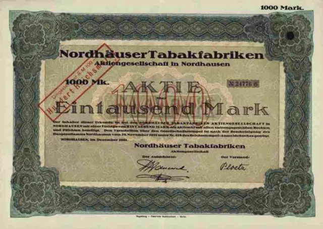 Nordhäuser Tabakfabrk VEB Nordhausen 1921 Magdeburg Posen Bremen Reemtsma 1000 M