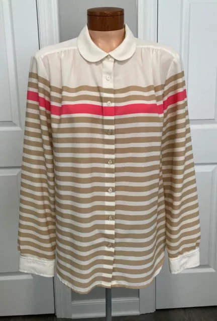 Talbots Blouse Top Shirt Women's Size 14 Tan Ivory Pink Button Up Long Sleeves