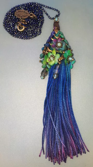 Michal Negrin Necklace Floral Beads Tassel Drop Pendant Blue Green Art Deco