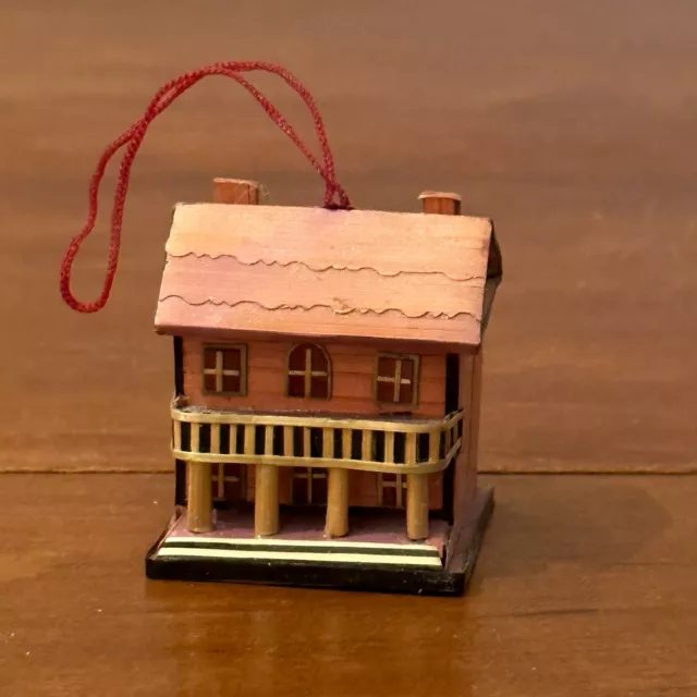 Miniature Wooden House Christmas Ornament with 2 Chimneys, 4 Columns and Porch