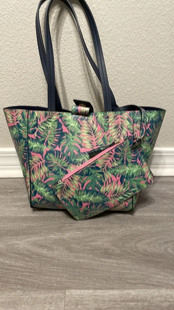TOMMY BAHAMA 2 PC SET Green Pink Palm Tree Reversible Tote Bag