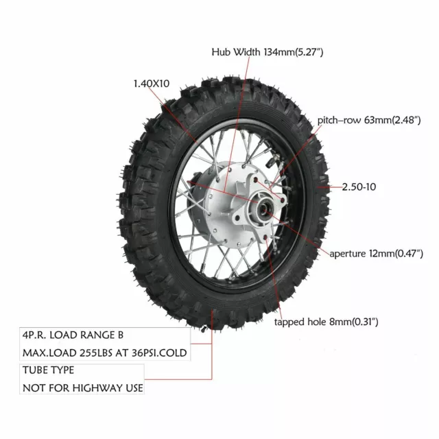 10" Rear Wheel Rim Tire 2.50-10 for 50cc-110cc Dirt Bikes CRF50 DRZ70 PW50
